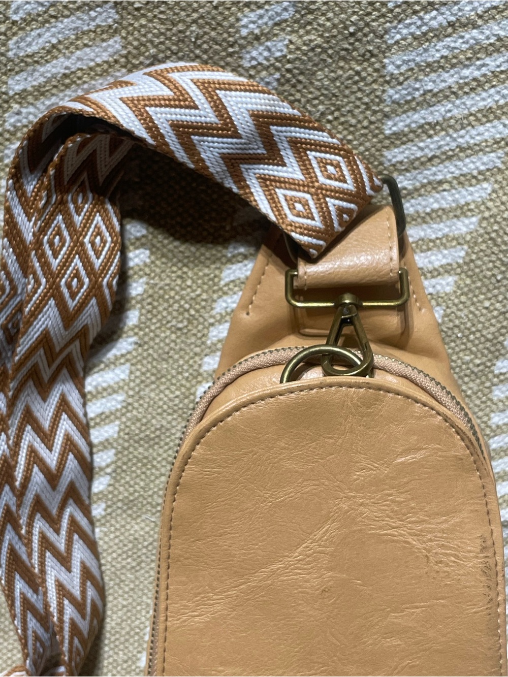 Tan Crossbody Sling Bag with Patterned Strap - Picture 3 of 16